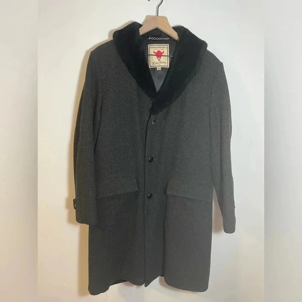 Vintage Field & Stream Mens Heavy LS Button Up Coat Jacket Faux Fur Size 38 Gray